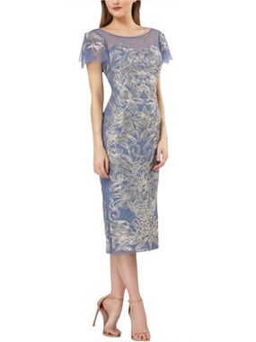 JS Collections Metallic Embroidered Soutache Dress Sz 6 Illusion Silver